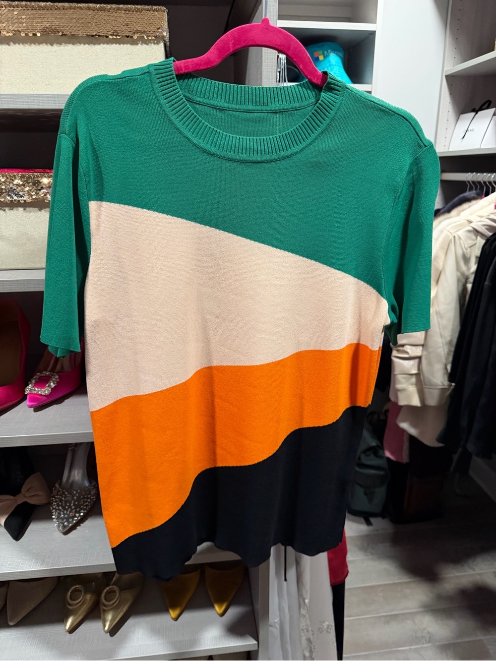 Colorblock Green, Cream & Orange Short-Sleeve Knit Top